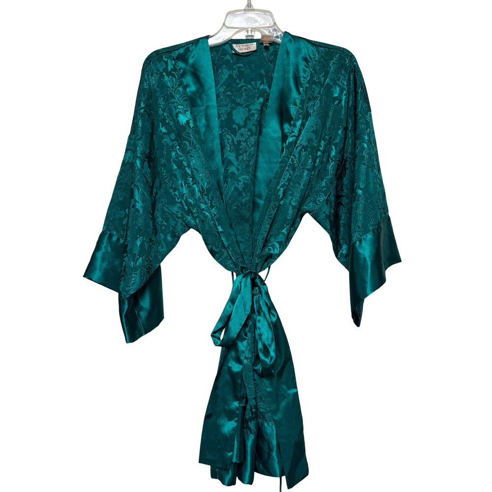 Vintage Victorias Secret Gold Label Emerald Green Jacquard Kimono Robe OS 15233